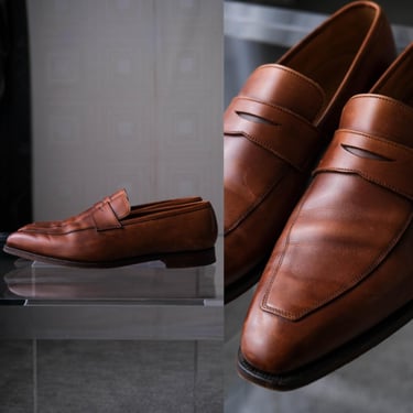 CROCKETT & JONES for Barneys New York Merton Cognac Leather Penny Loafers | Handmade in England | Size 9D | Designer Slip On Mens Shoes 