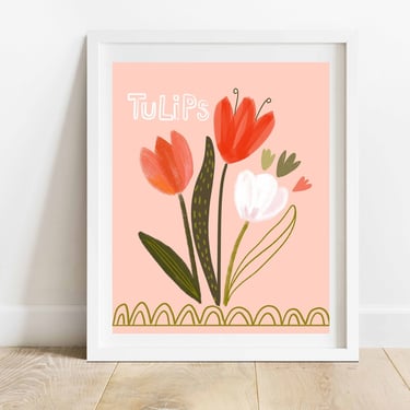 Red, Blush and Olive Tulip Illustration/ 8 X 10 Modern Floral Art Print/ Botanical Home Decor/ Flower Garden Nursery or Girls Bedroom Art 