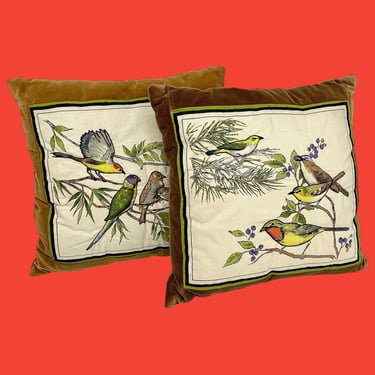 Vintage Throw Pillows Retro 1980s Farmhouse + Quilted and Velvet Fabric + Birds on Branches + Set of 2 + Home Decor + Decoration + Textiles 