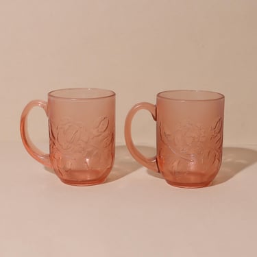 Vintage Pair of Arcoroc Pink Rosaline Floral Mugs, Vintage France Mugs, Pink Glassware 