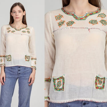 70s Floral Embroidered Peasant Shirt - Small | Vintage Boho Sheer Gauzy Cotton Hippie Blouse 