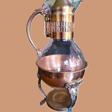 VINTAGE inspired copper coffee decanter with warmer stand Elegant copper coffee dispenser and heater set Time-honored copper coffee flask 