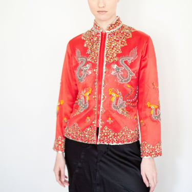 Rare DYNASTY 1960s Beaded Dragon Jacket Sequin Embellished Red Phoenix XS S Silk 60s 