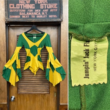 Vintage 1970’s “Jumpin’ Jack Flash” Green Yellow Jester Colorblock Batwing Glam Mod Jersey Top, Vintage Colorblock Shirt, JJF, Glam, Mod, 