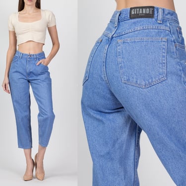 90s Gitano High Waist Jeans - Petite Small, 25.5" | Vintage Tapered Leg Short Inseam Bright Blue Mom Jeans 