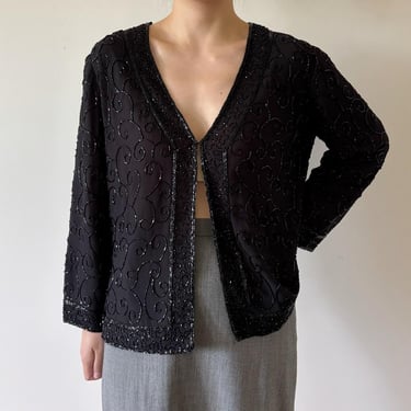 vintage blazer silky blouse beaded sequin cocktail party date night 80s 90s retro vintage style minimalist black floral size M 