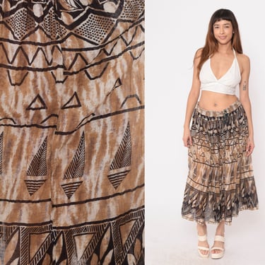 Geometric Broomstick Skirt 90s Brown Leaf Print Hippie Boho Skirt Midi Bohemian Vintage Festival Hippy Skirt 1990s Medium Large xl 2xl 