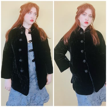 1970s Vintage Black Velvet Quilt Coat / 70s Quilted Mandarin Collar Cotton Toggle Jacket / Large 