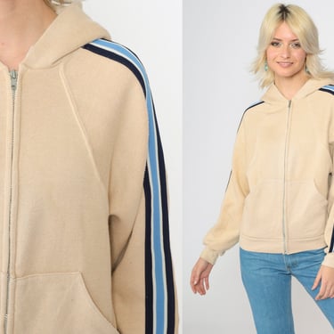 80s Russell Hoodie Sweatshirt Tan Hooded Track Jacket Striped Zip Up Sweatshirt Warm Up Retro Hood Raglan Sleeve 1980s Vintage Small 