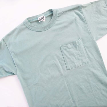 Vintage 90s Mint Sage Green Cotton Pocket S Shirt S M - 1990s Solid Color Crewneck Short Sleeve Shirt 