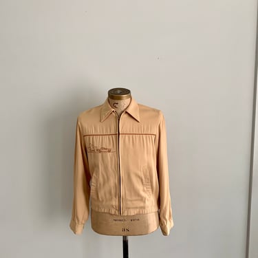 Authentic 1950s rayon Airman pale yellow jacket with hot rod embroidery-size S/M (38/40) 