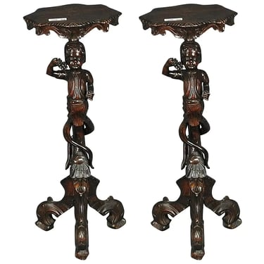 Pair of Carved Walnut Figural Italian Renaissance Pedestal Stand Side Tables