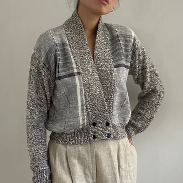 90s cropped cotton cardigan sweater / vintage gray marled knit woven cotton plaid mixed fiber contrast cardigan sweater | Medium 