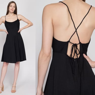 Medium 70s Black Cross Back Sundress | Vintage Criss Cross Strap Fit Flare Backless Mini Midi Dress 