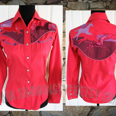 Salaminder Vintage Western Cowgirl Shirt, Rose Red, Embroidered & Appliqued Red and Purple Horses, Tag Size 7/8, XSmall (see meas. photo) 