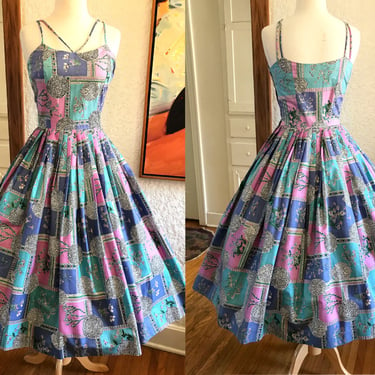 Elegant 1950's Designer Cotton Print Sun Dress/ Party Dress by " Alex Colman" of California  - Size Small 