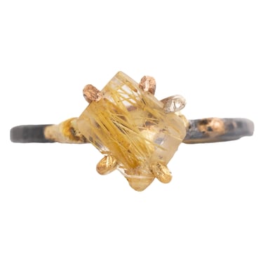 OOAK Rutilated Quartz Small Stone Ring - Oxidized Silver with 14k Rose White Gold + 18k Yellow Gold Claws