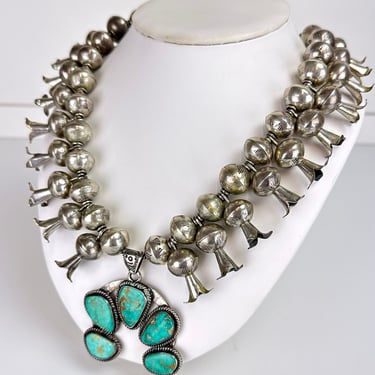 Vintage Navajo Old Pawn Royston Turquoise Sterling Silver Squash Blossom Naja Necklace 