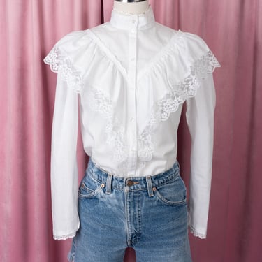 Vintage 80s Puccini Sport Victorian / Prairie Style Ruffle Yoke Blouse with High Neck and Lace Trim 