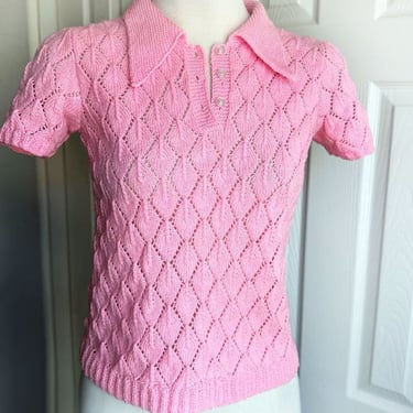 70s Judy's Pink Sweater Knit Crochet Top Blouse, Vintage Pullover Hot Pink Mod Hippie Boho 1960's, 1970's Polo Shirt 