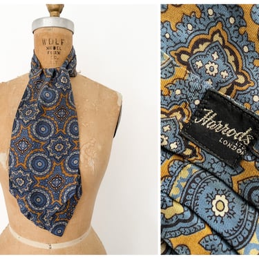 Vintage mid century Harrods London silk cravat or ascot | blue & golden mustard foulard print neck scarf 