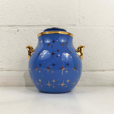 Vintage Hall Cookie Jar Kitchen Canister MCM Storage Biscuit Starburst Periwinkle Blue Gold Party Housewarming Gift Mid-Century 1950s 