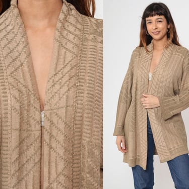 90s Cardigan Sweater Tan Geometric Wrap Sweater Fall Cardigan Boho Open Front 1990s Hippie Bohemian Taupe Vintage Medium 9 