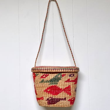 Vintage 1960s Whimsical Woven Straw Shoulder Bag, Mid-Century Fish and Bird Raffia Purse, Folk Art Beach Bucket Bag 