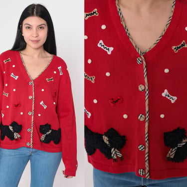 Scottie Dog Sweater 90s Button up Knit Cardigan Scottish Terrier Fuzzy Dog Print Red Plaid Bone Patches Mixed Media Vintage 1990s Large L 