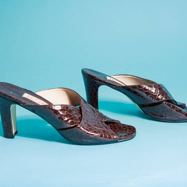 80s Dark Chocolate Brown Leather Embossed Heels Vintage Criss Cross Strappy Heels 