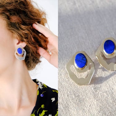 Vintage 80s Joyce Quintana Sterling Silver & Lapis Copper Stone Earrings | Sterling Silver .925 | 1980s Designer Avant Garde Boho Jewelry 