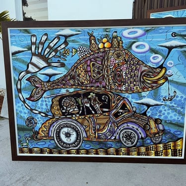 Guillermo Socarras Hernandez Oil on Canvas Painting Titled: Playa, Fiesta y Buena Pesca Cuban Art Artist 58" x 43" LARGE 