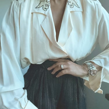 vintage pure silk contrast petal embroidered soutache detail favorite gentlewoman blouse 