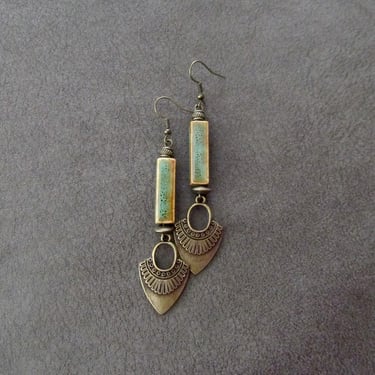 Bohemian earrings, etched bronze and ceramic earrings, chic earrings, unique artisan earrings, boho earrings, rustic green gypsy earrings 