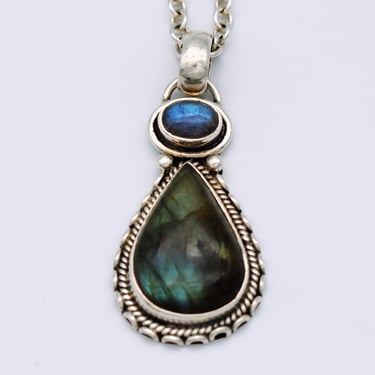 70's labradorite sterling tribal pendant, big 925 silver chatoyant blue green stone mystic hippie necklace 
