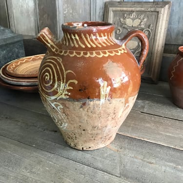 French Pottery Jug, Val de Saône, Cruche, Rustic Terracotta, Redware Green Slip Glaze, French Farmhouse, Farm Table, With Damage 