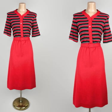 VINTAGE 60s Red and Grey Striped Knit Dress | 1960s Belted A-line Dress | MOD Secretary Scooter Dress | HH Petites 8P vfg 
