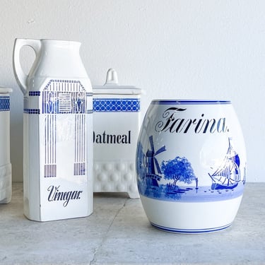 Antique Blue Stencil Farina Sugar German Dutch Ceramic Canisters  | Blue + White Kitchen | Antique German | Canister French Blue Windmill 