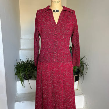 1950s Kimberly Knit Sweater and Skirt Set M/L Flecked Cranberry Wool and Orlon Vintage Late 1950s 