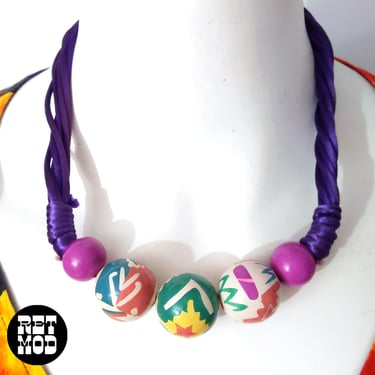 Fun Vintage 80s Purple Colorful Hand-Painted Wood Bead Necklace 
