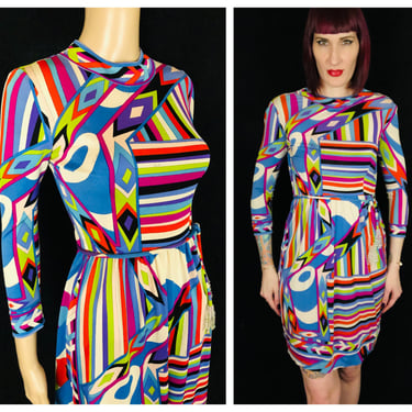 Vintage EMILIO PUCCI 1960's Rainbow Geometric Kaleidoscopic Op Art Print Silk Jersey Sheath Dress - size Extra Small XS 