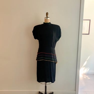 John Roberts 1980s repro 1940s black rayon dress with rainbow piping-size M (marked 9/10) 