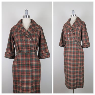 Vintage 1950s plaid dress, wiggle, shirtdress, shirtwaist, coat dress, autumn colors, size medium 