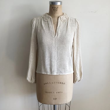 Cream/Ecru Open-Weave Blouse with Lace Collar - 1970s 