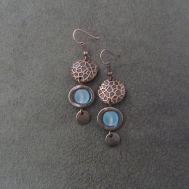 Mid century modern ice blue frosted glass and copper earrings 