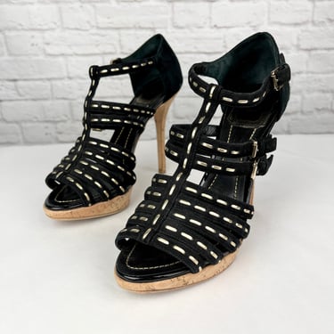 DIOR Suede Stitched Antica Platform Sandals, Size 38.5, Black