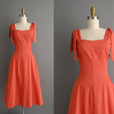 vintage 1950s Dress | Coral Full Skirt Summer Cotton Sun Dress | Medium 