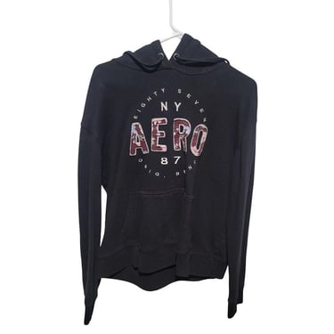 Original Aero New York NY-87 Aeropostale Black Hoodie Hood Pullover Sweatshirt 
