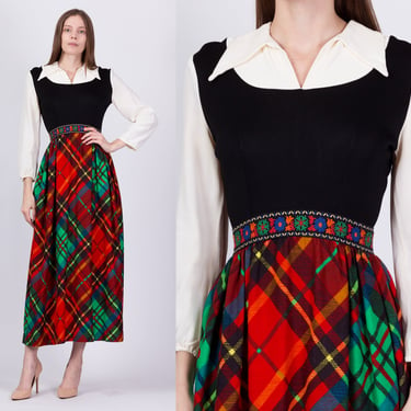 70s Plaid Hostess Maxi Dress - XS to Small | Vintage Carlette Contrast Collar Long Sleeve Dress 