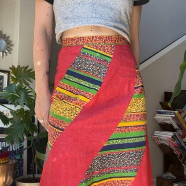 VTG 70s Patchwork Skirt with Asymmetrical Zipper and Scalloped Hem 